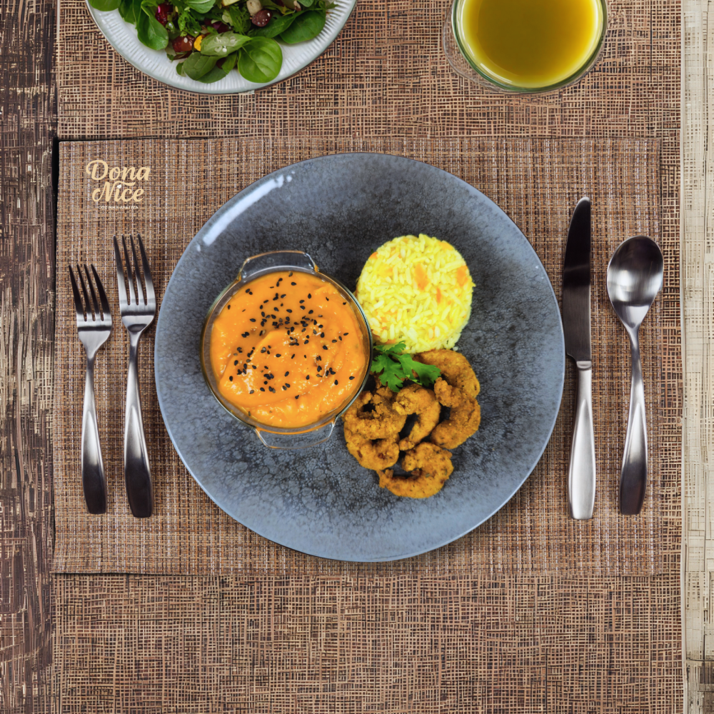 camarão crispy com arroz e pure de jerimum